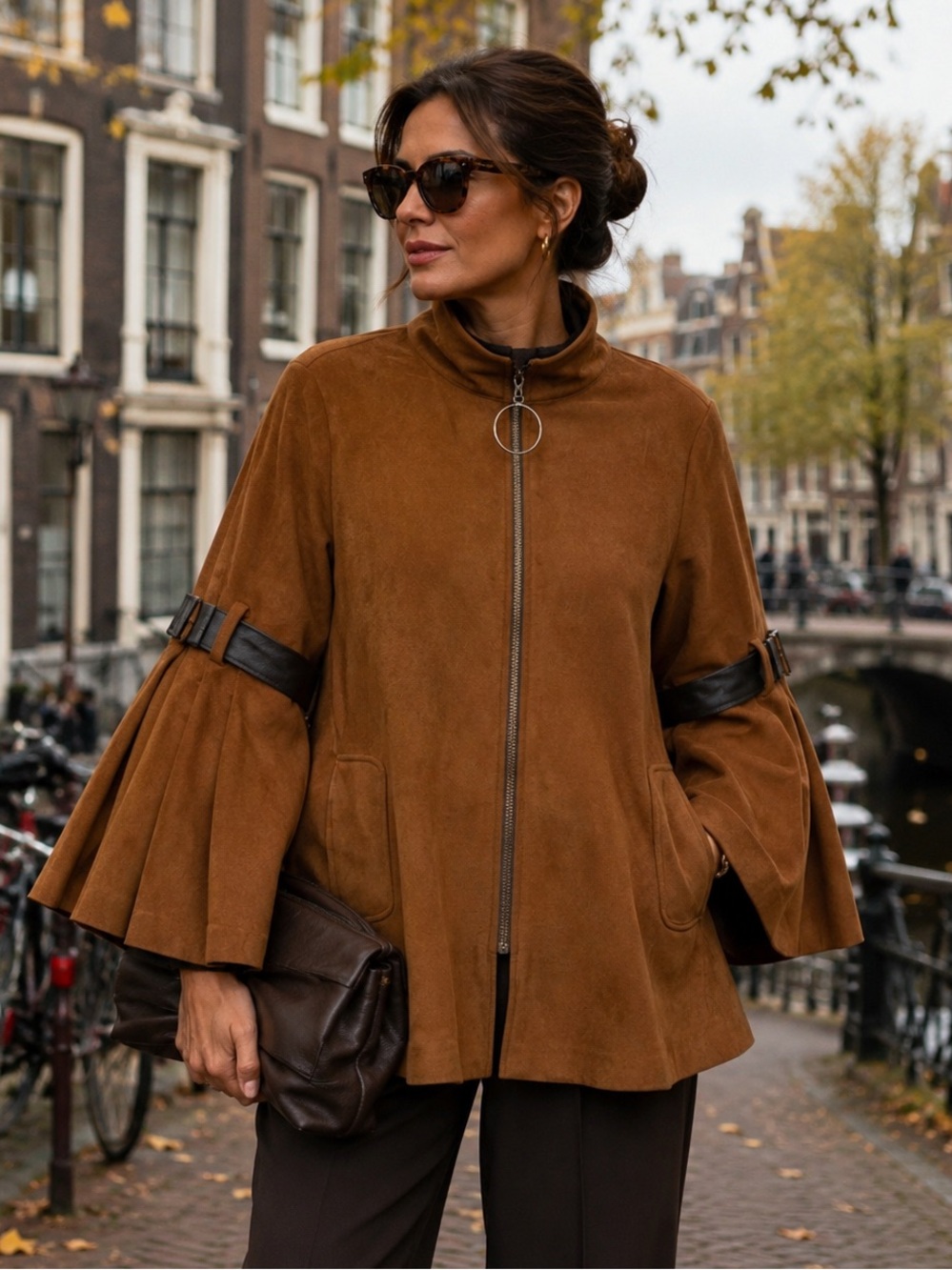Joseph Ribkoff Faux Suede Jacket Brown Size 12 Bell Sleeve Quiet Luxury Career